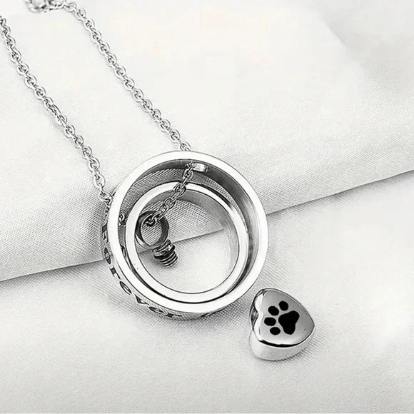 Sterling Silver Paw Print Memorial Necklace Double Circle Pet Loss Keepsake - Picture 2 of 3